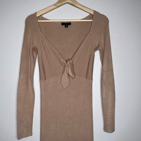 J. Crew Ribbed Knit V-Neck Bow Detail Midi Dress Taupe/Brown Size XXS Stretch - Picture 3 of 6